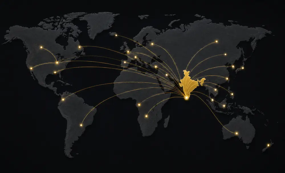 World map showing Aromates Spices export reach — spices, coffee, rice and peanut butter shipped from India to 50+ countries