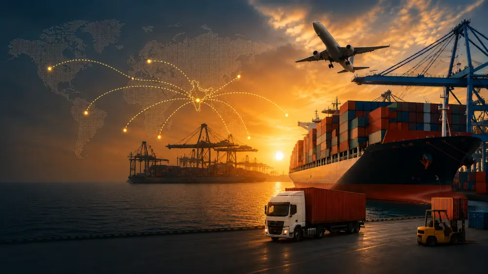 Cargo ship at port — Aromates Spices global export logistics from India